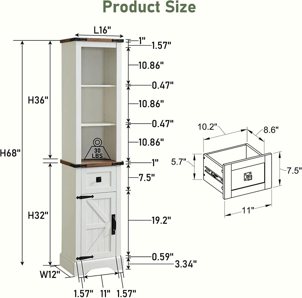 White 68" Farmhouse Bathroom Storage Cabinet with Drawer J970198