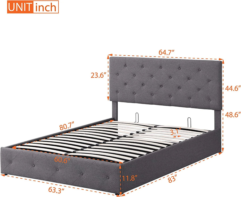 Queen Size Grey Upholstered Platform Bed with Lift Up Storage U3432