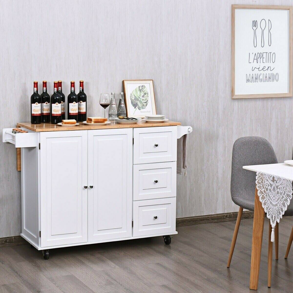 White Drop-Leaf Kitchen Island Cart T304