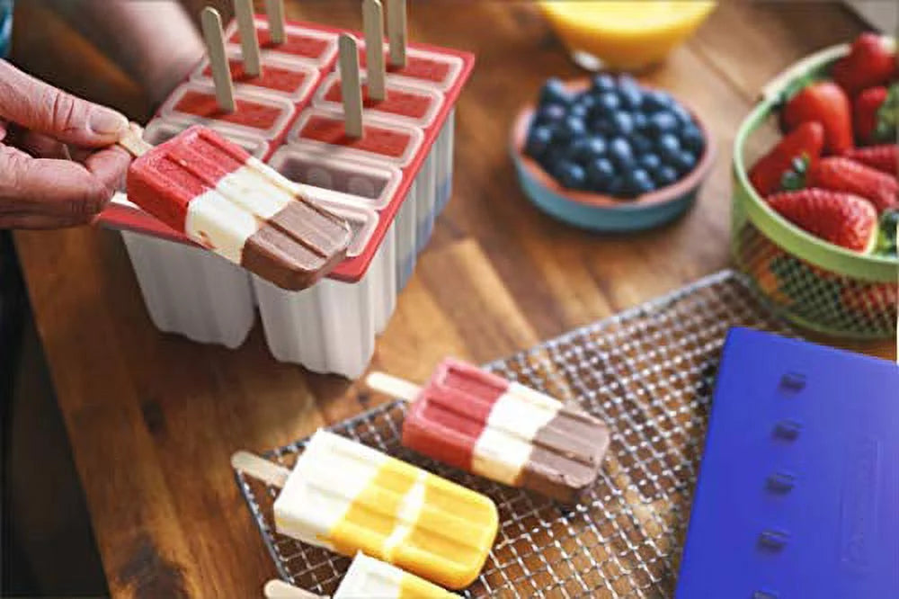 10 Large BPA Free Plastic Popsicle Mold Kit with 50 Wood Sticks and Cleaning Brush C7121