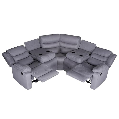 Grey Microfiber Manual Reclining Sectional Sofa with Cup Holders A157684