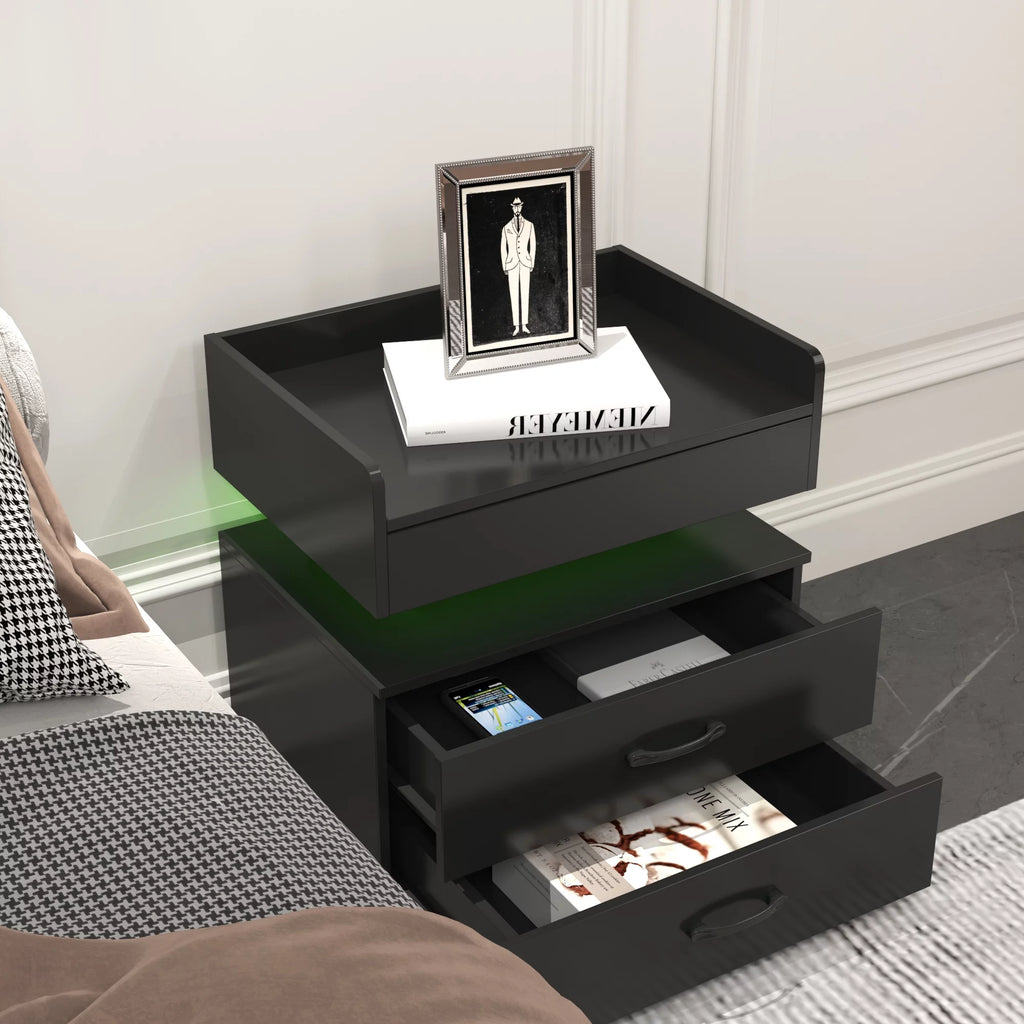 Black Wood Nightstand with Charging Station and 2 Drawers N75616