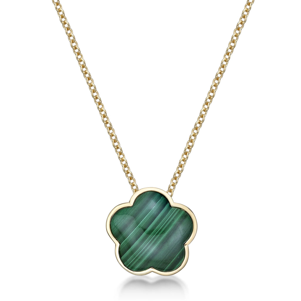 Green Malachite Five Petal Flower Pendant Necklace in 925 Sterling Silver with Yellow Gold Plating on 18 Inch Chain with Spring Ring L285