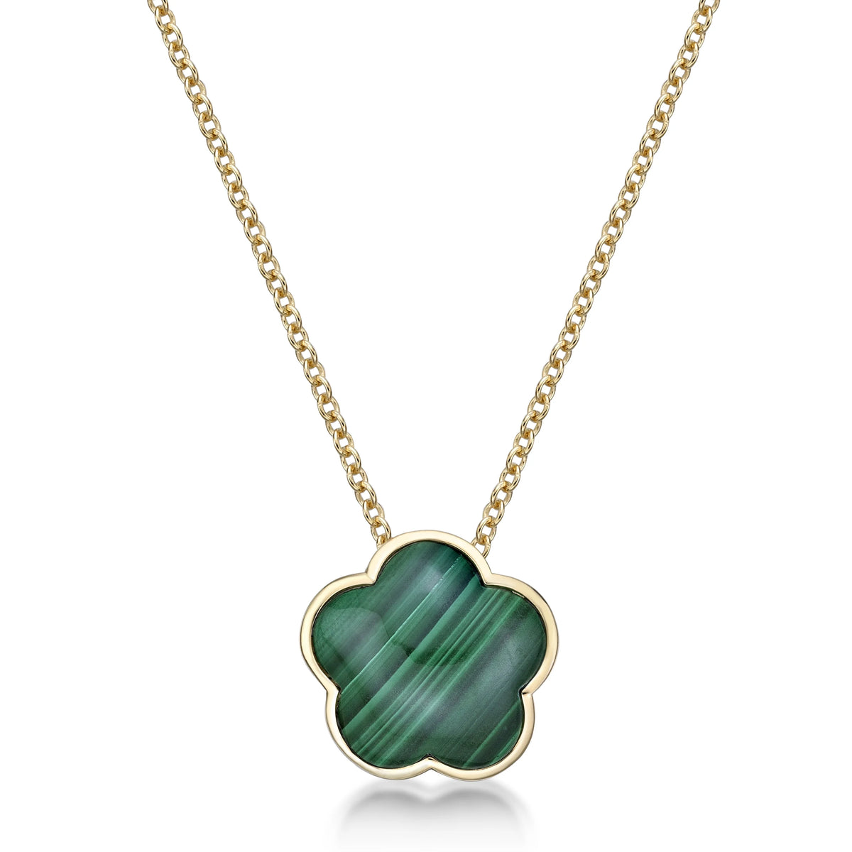 Green Malachite Five Petal Flower Pendant Necklace in 925 Sterling Silver with Yellow Gold Plating on 18 Inch Chain with Spring Ring L285