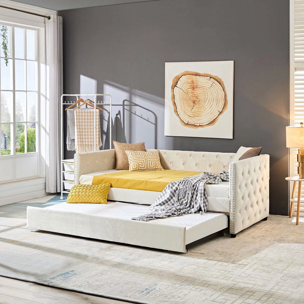 Velvet Upholstered Twin Size Daybed with Trundle W807
