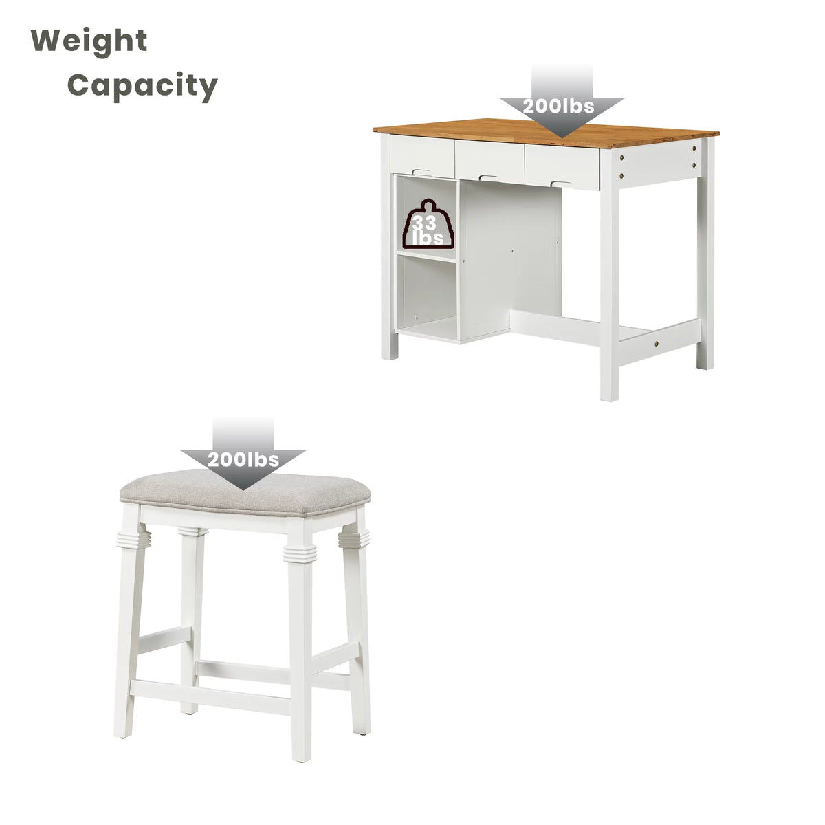 White 3-piece Rubber Wood Kitchen Island Set with 2 Seats E2976