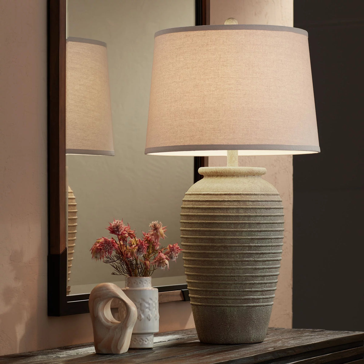 Table Lamp with USB Charging Port 28" Tall Linen Drum Shade W814