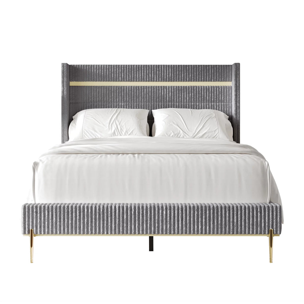 Gold PU Strip Wingback Velvet Upholstered Bed Black, Full Y304