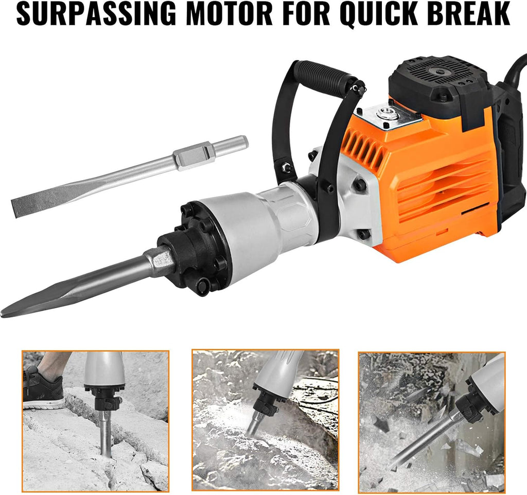 3500W Electric Demolition Hammer Concrete Breaker with Flat Chisel Bull Point Chisel S963215