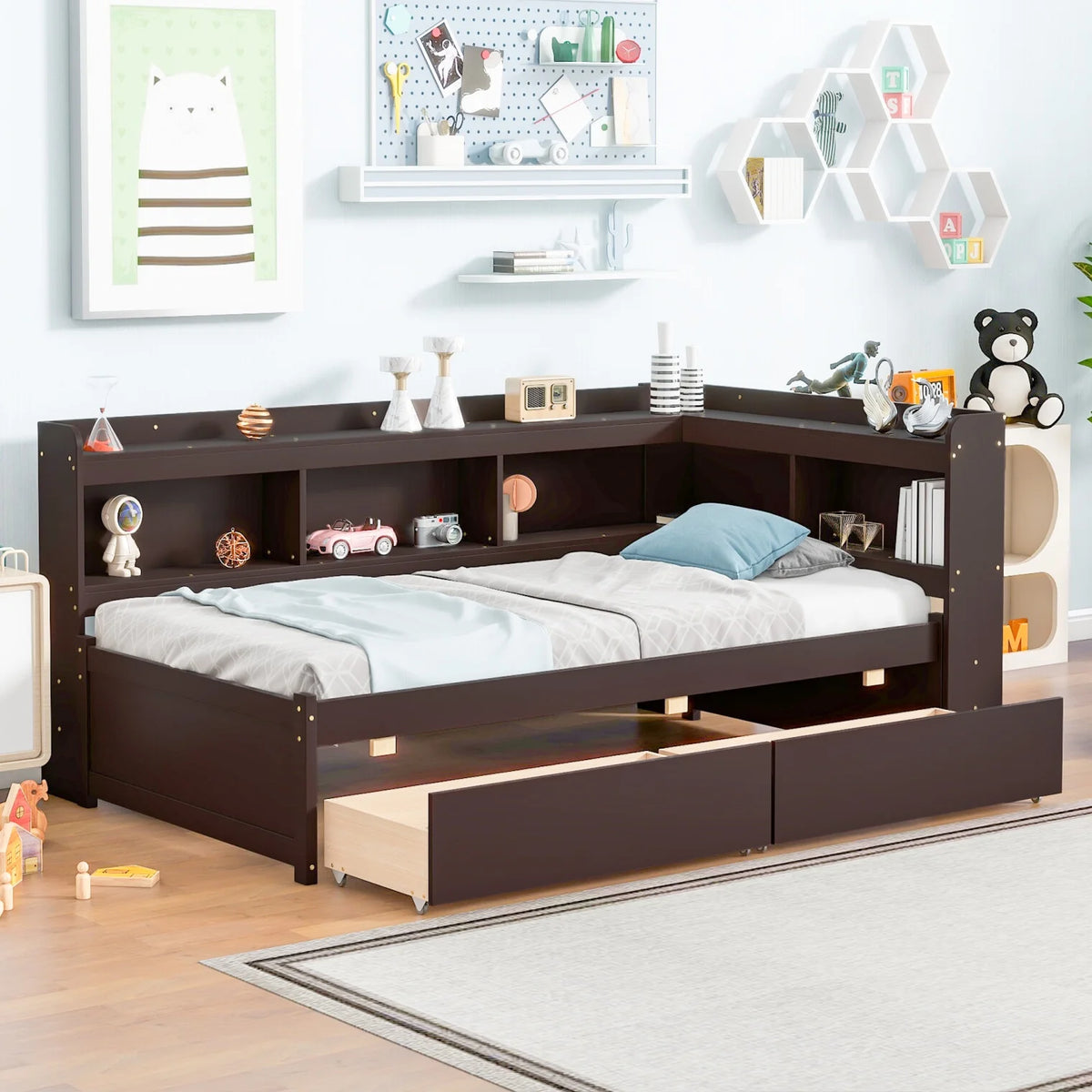 White Wooden Twin Size Platform Bed with 2 Storage Drawers E9741