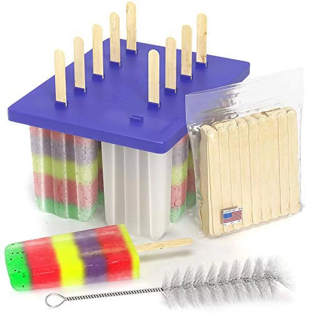 10 Large BPA Free Plastic Popsicle Mold Kit with 50 Wood Sticks and Cleaning Brush C7121
