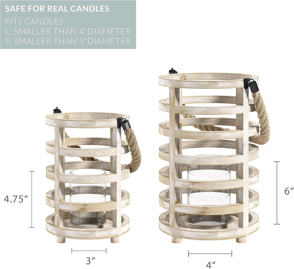 Whitewash Wooden Lantern Candle Holders, Set of 2 H177