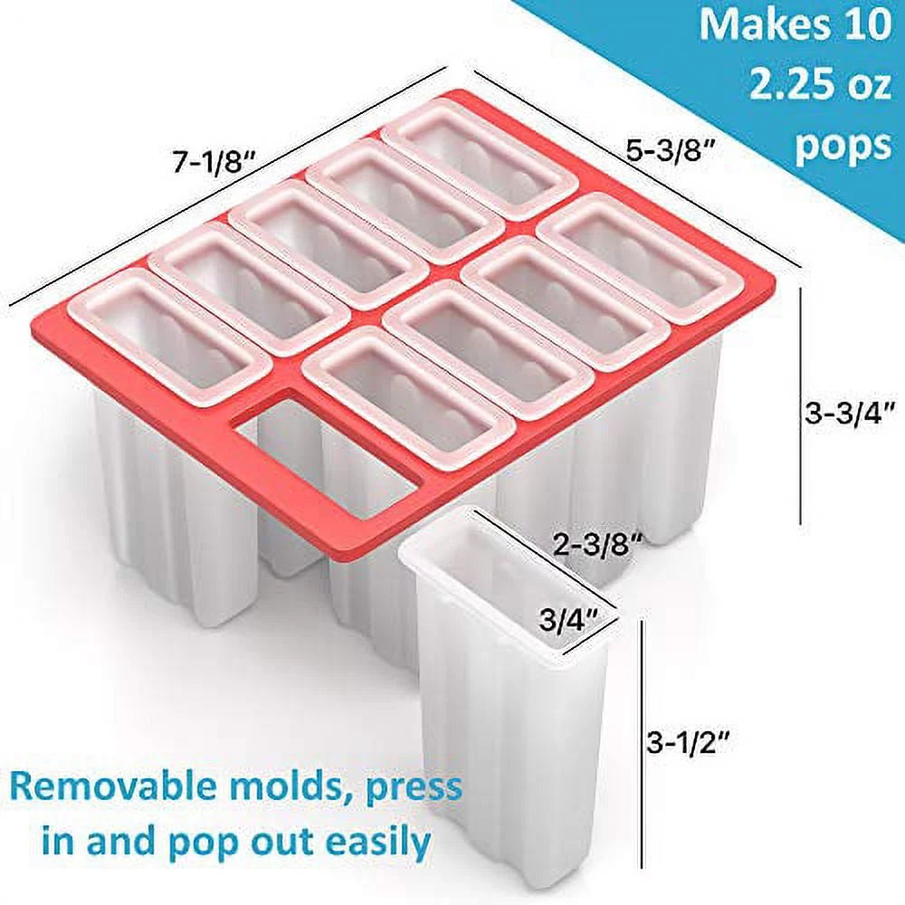 10 Large BPA Free Plastic Popsicle Mold Kit with 50 Wood Sticks and Cleaning Brush C7121