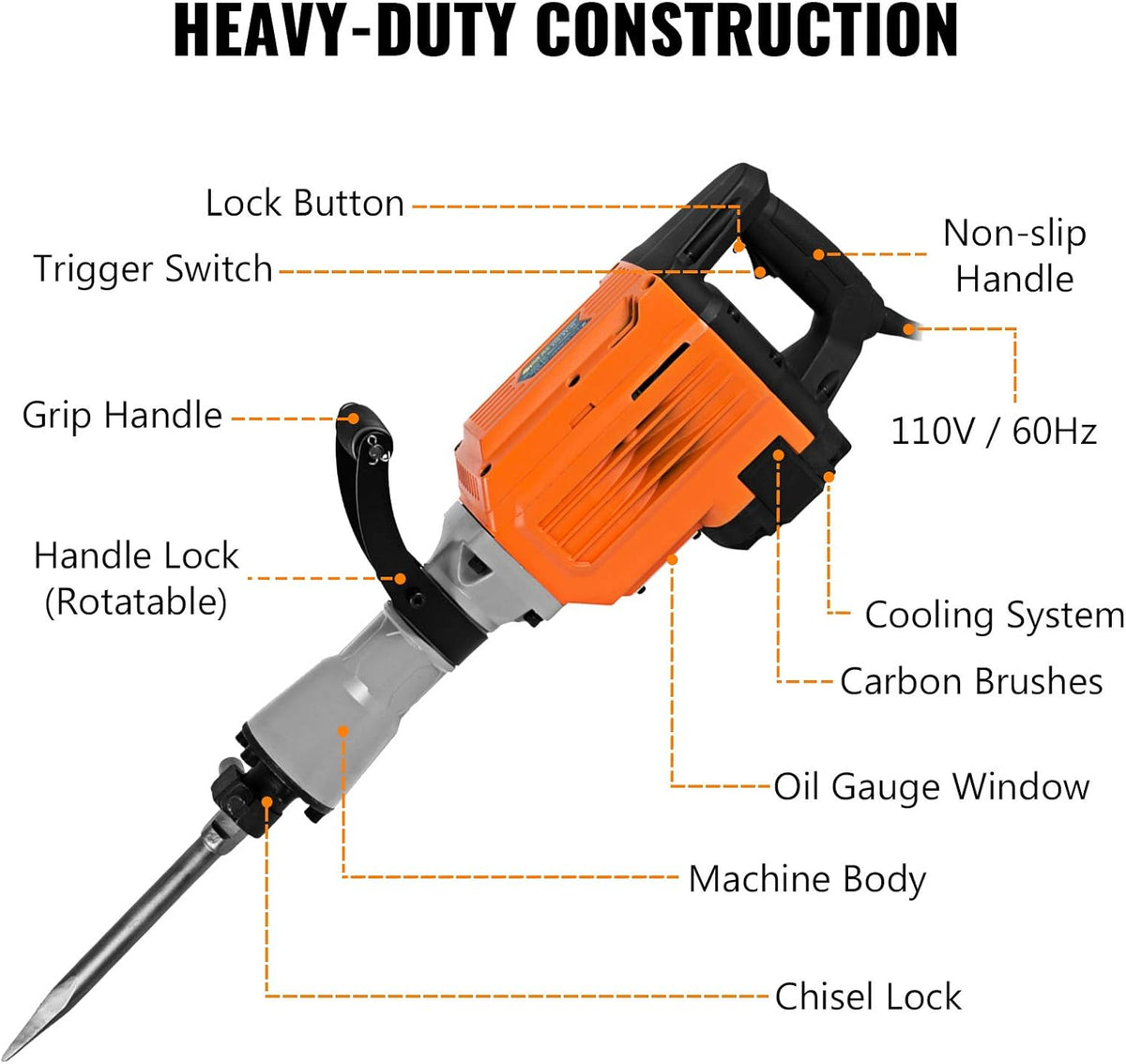 3500W Electric Demolition Hammer Concrete Breaker with Flat Chisel Bull Point Chisel S963215