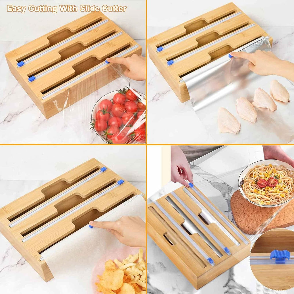 Bamboo Wrap Dispenser with Slide Cutter, 3 in 1 Aluminum Foil Plastic Wrap Wax Paper Dispenser, 12 Roll, Pack of 2 V3346