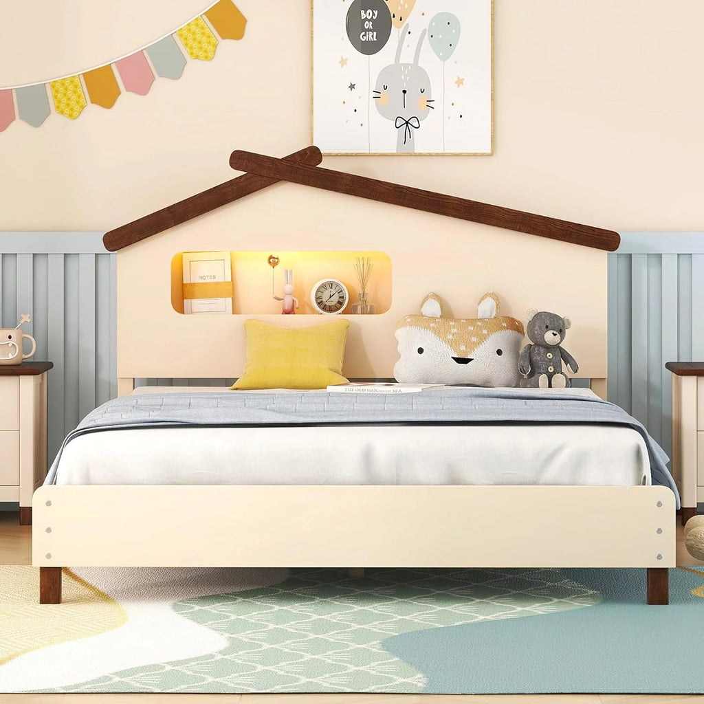 Full Size Wood Platform Bed with House-Shaped Headboard and Night Lights Y93688