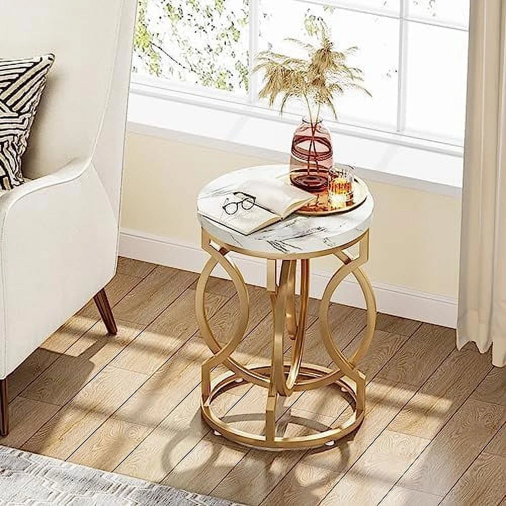 Round End Table Set of 2 White Gold Faux Marble Tabletop Y3203