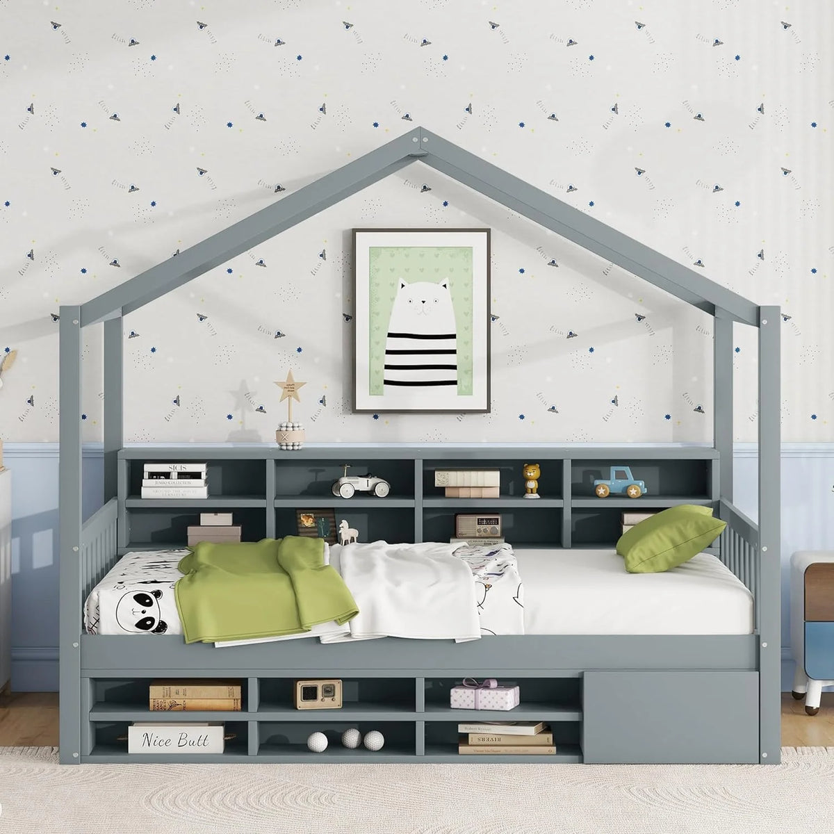 Twin Size Wood House Bed with Storage Shelves P555426