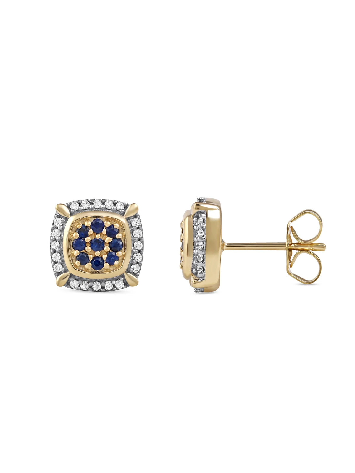 10k Yellow Gold Blue Sapphire Diamond Cluster Halo Stud Earrings C95160