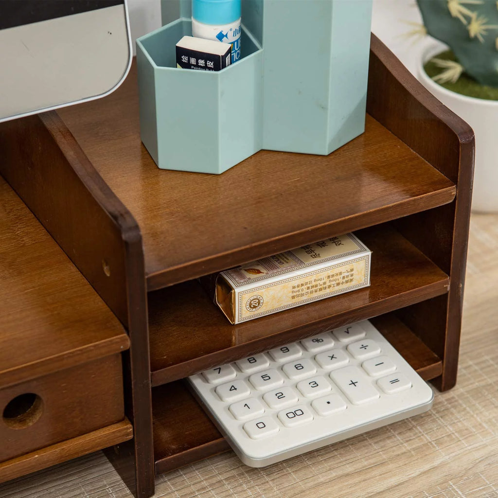 2 Tier Bamboo Monitor Stand Riser with 4 Drawers E654