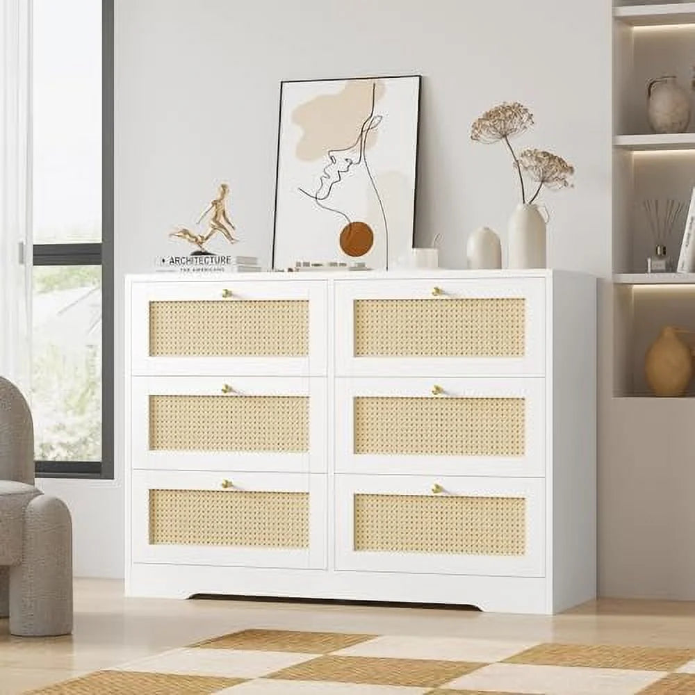 White 6 Drawer Rattan Dresser B821605