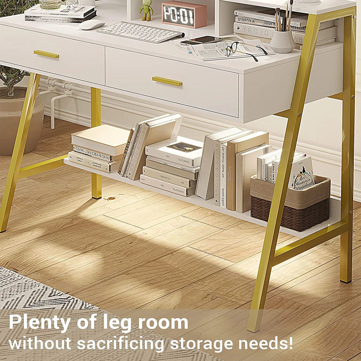 White and Gold Computer Desk with Drawers and Monitor Stand E2272