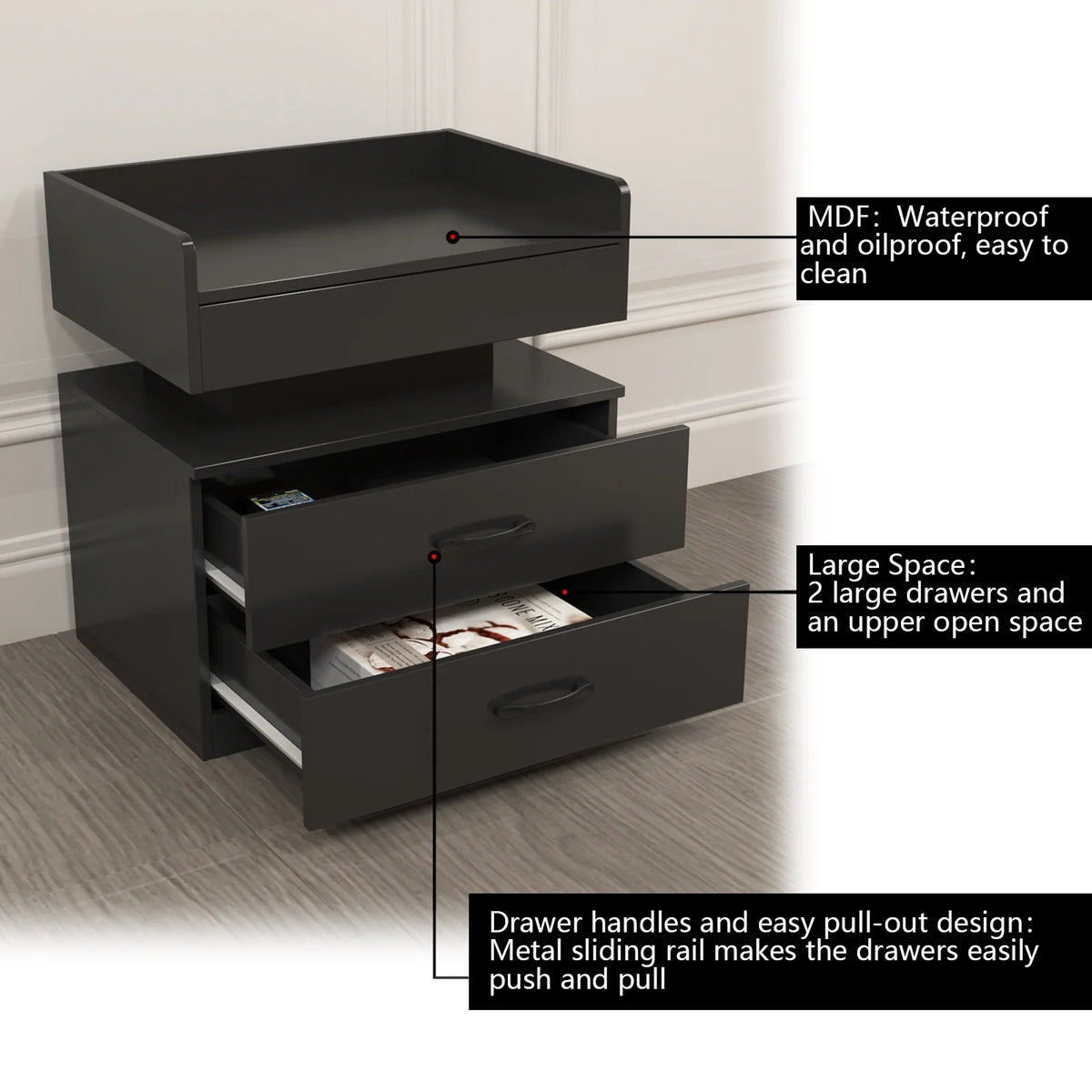 Black Wood Nightstand with Charging Station and 2 Drawers N75616