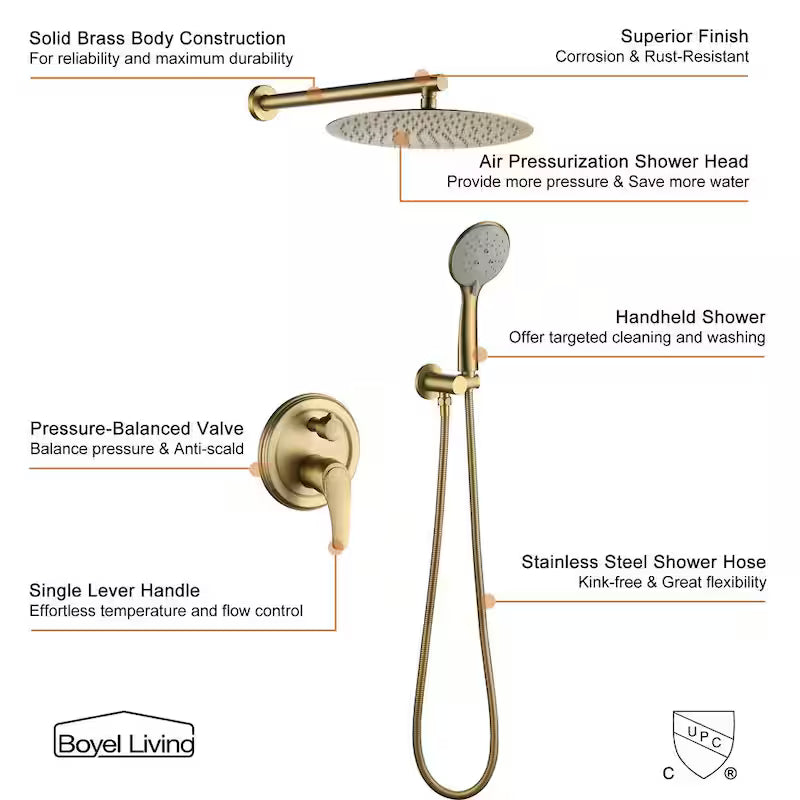 Wall Mount Dual Shower Heads with Valve in Brushed Gold J688231