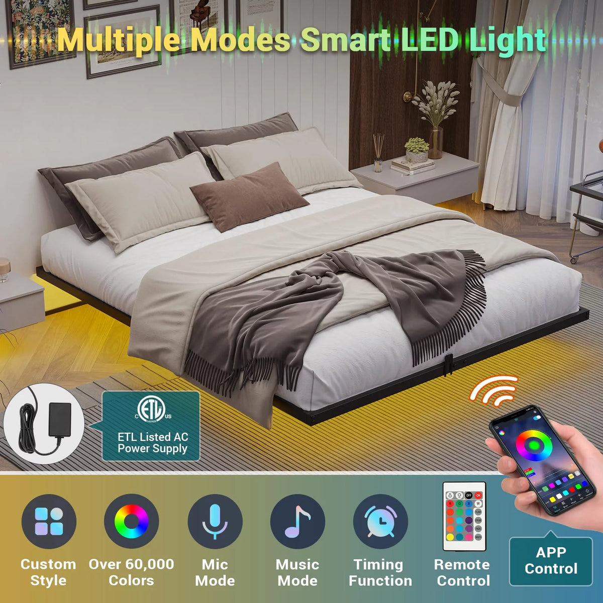 Queen Metal Platform Bed Frame with LED Lights P780