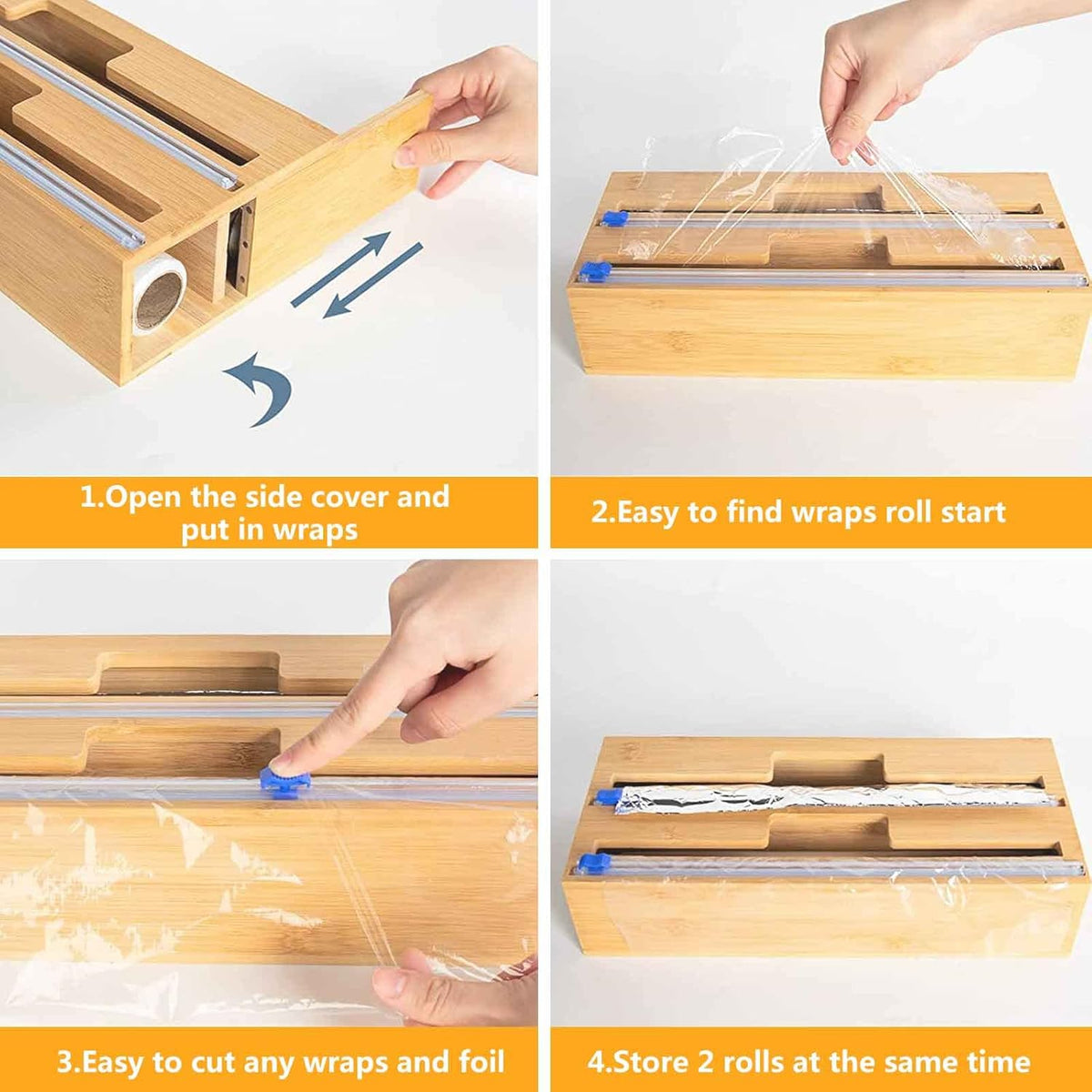 Bamboo Wrap Dispenser with Slide Cutter, 3 in 1 Aluminum Foil Plastic Wrap Wax Paper Dispenser, 12 Roll, Pack of 2 V3346