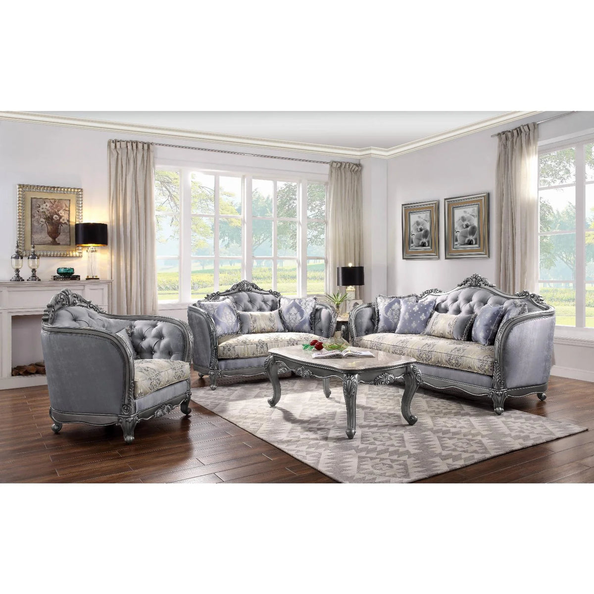 Fabric Button Tufted Chair with 1 Pillow in Platinum Gray G302