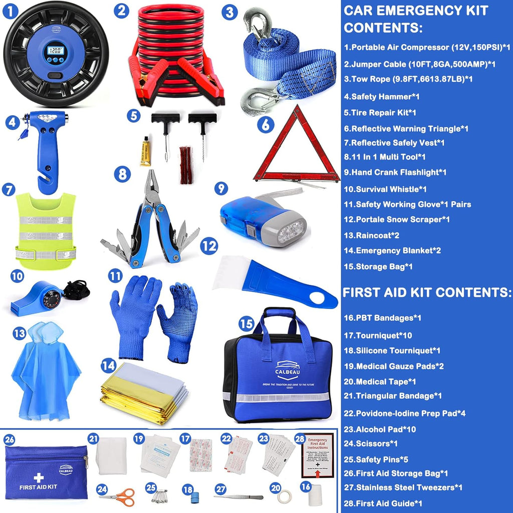 Car Emergency Kit with Air Compressor, Jumper Cable, Tow Strap, Safety Hammer, First Aid Kit G509