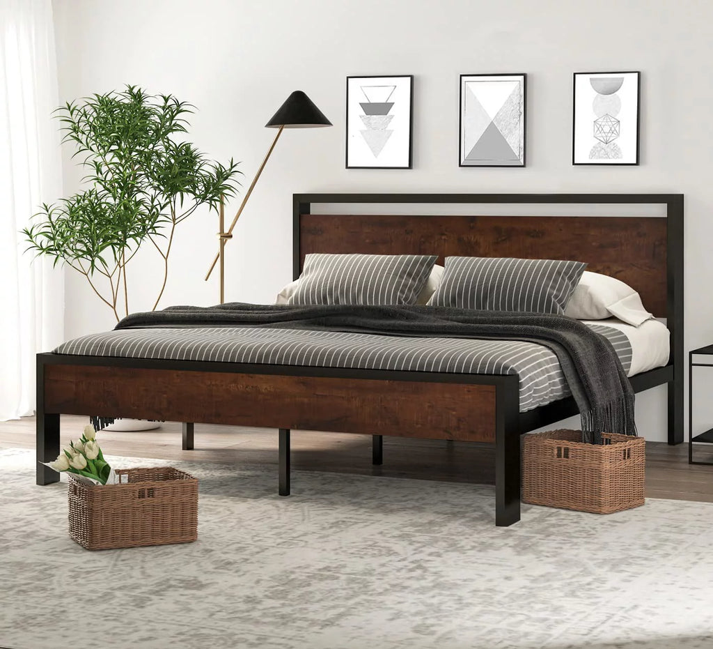 14 Inch King Size Metal Platform Bed Frame with Wooden Headboard and Footboard K1031