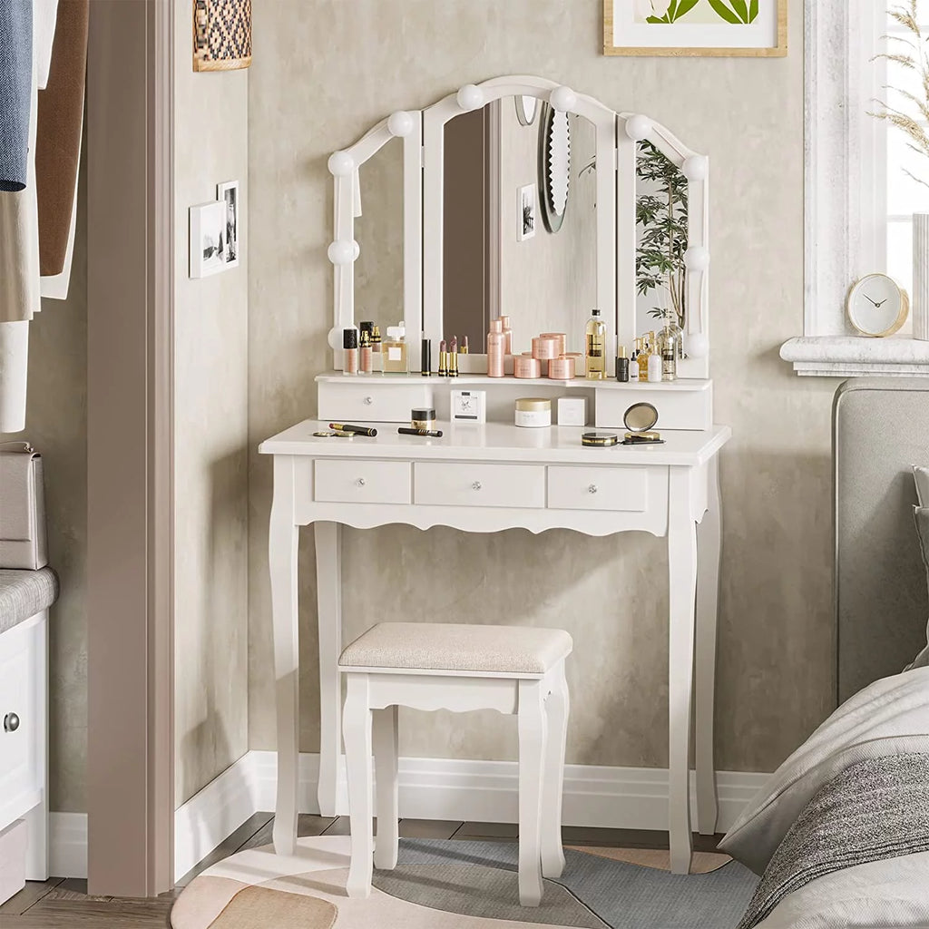 White Vanity Table Set with Lighted Tri-Fold Mirror and Stool X191236