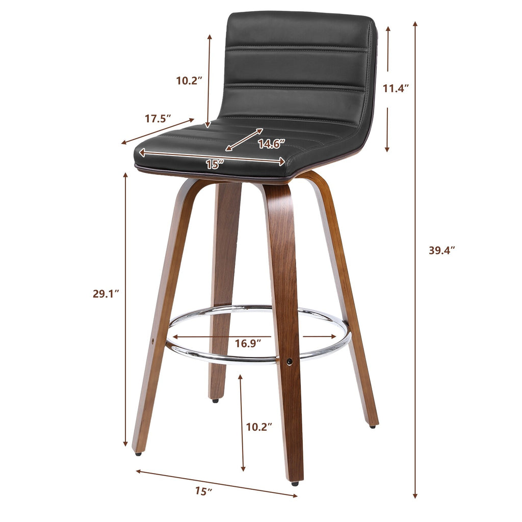 Swivel Wood Bar Stools PU Leather Upholstered Counter Stools Set of 2 Black Total Height 39.4" J8602