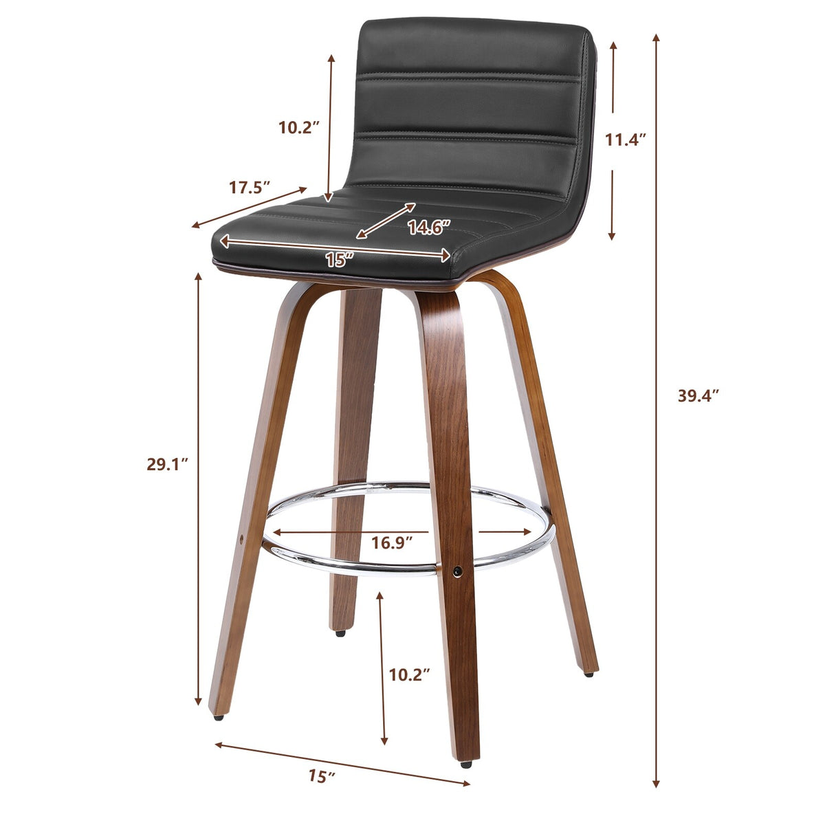 Swivel Wood Bar Stools PU Leather Upholstered Counter Stools Set of 2 Black Total Height 39.4" J8602