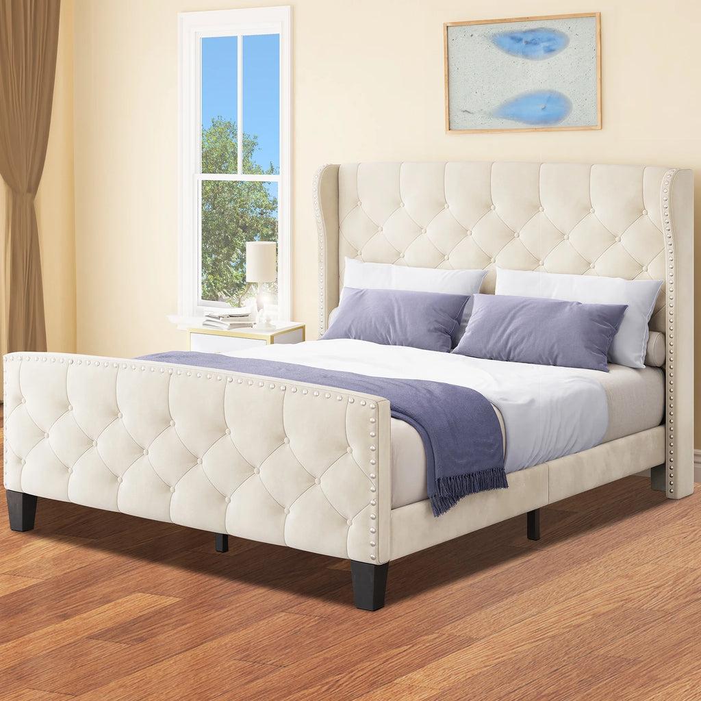 Queen Size Upholstered Platform Bed Frame with Velvet Headboard and Footboard V654
