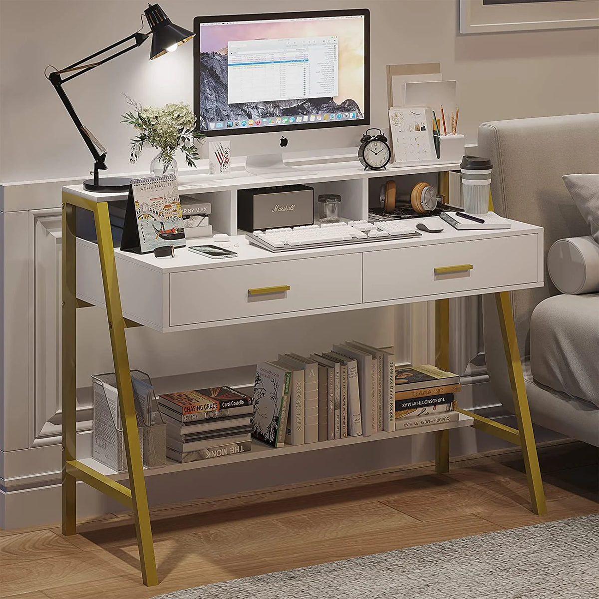 White and Gold Computer Desk with Drawers and Monitor Stand E2272