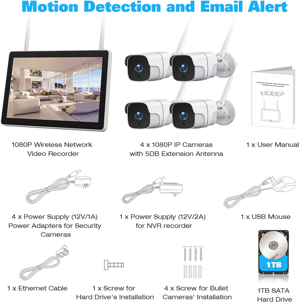 1080P Wireless Security Camera System with 1TB Hard Drive & 12 Monitor, 8CH NVR, 4pcs 2.0MP Outdoor IP Cameras J475