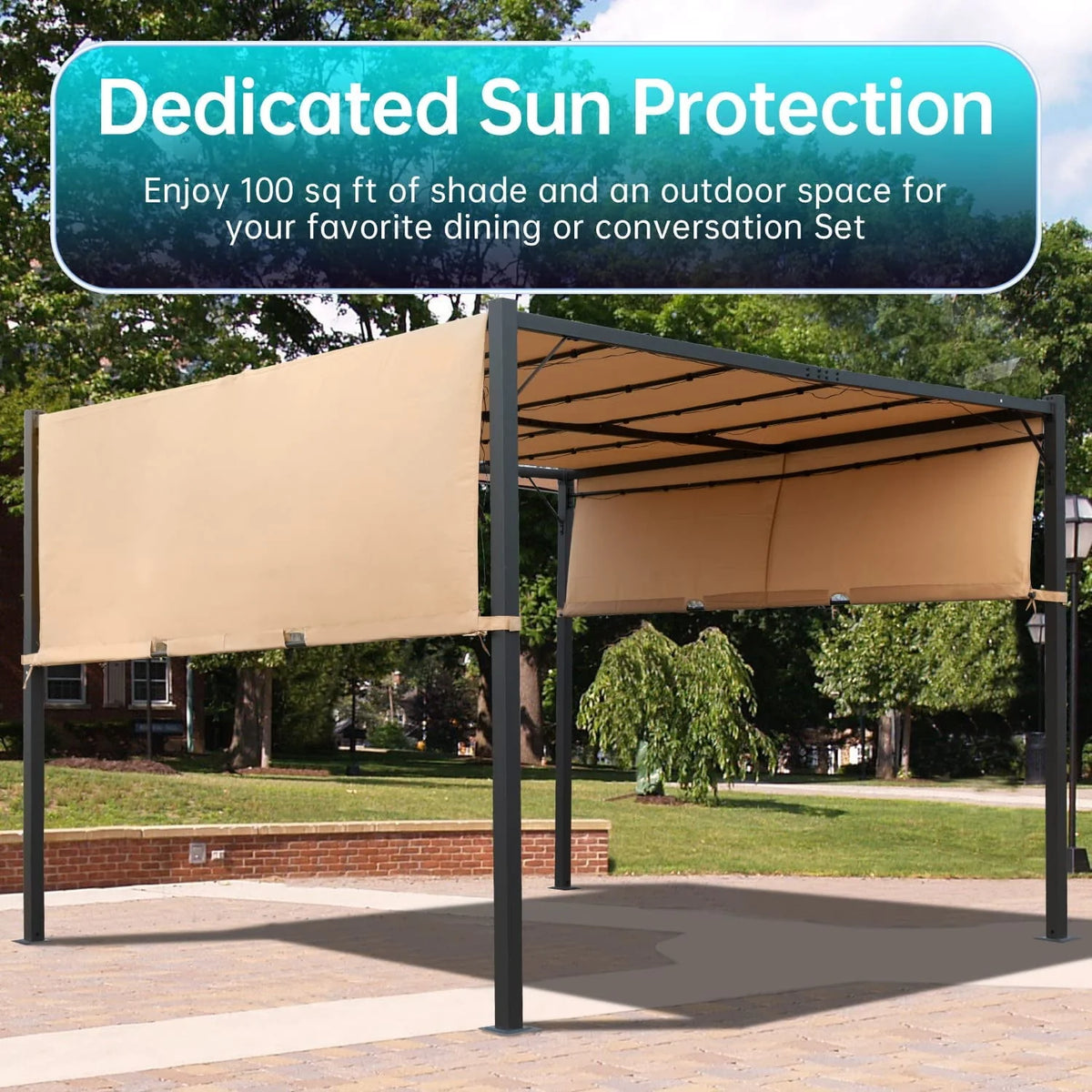 10x10 Retractable Steel Frame Pergola with Solar Powered Led Kit (Tan) G297