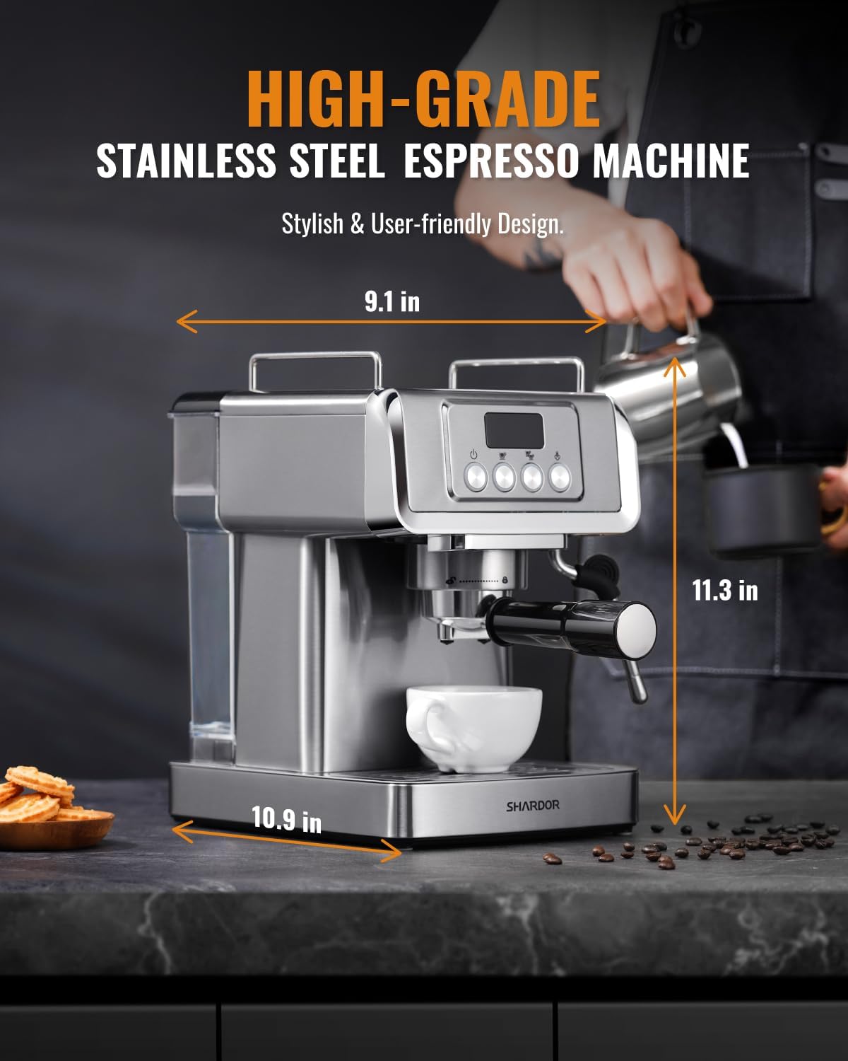 Stainless Steel Espresso Machine 20 Bar with Milk Frother Steam Wand 60 Oz Water Tank 1350W C305