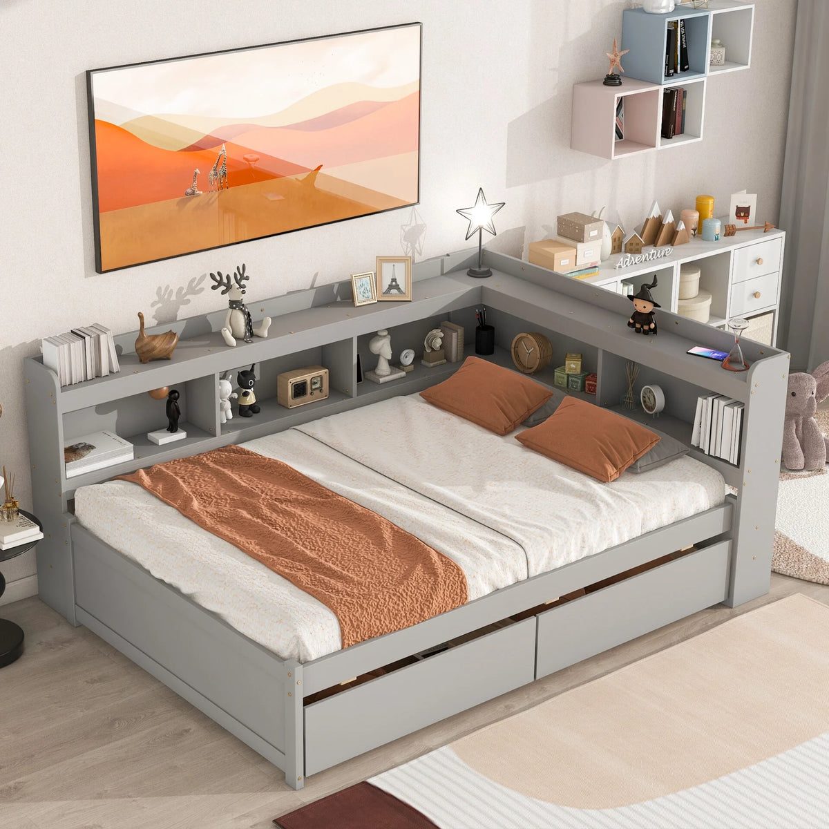 White Wooden Twin Size Platform Bed with 2 Storage Drawers E9741