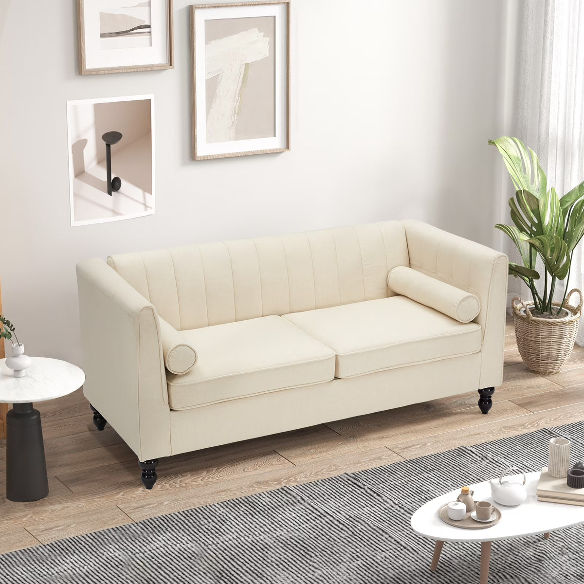 Beige Velvet Loveseat Sofa with Two Throw Pillows Z21407