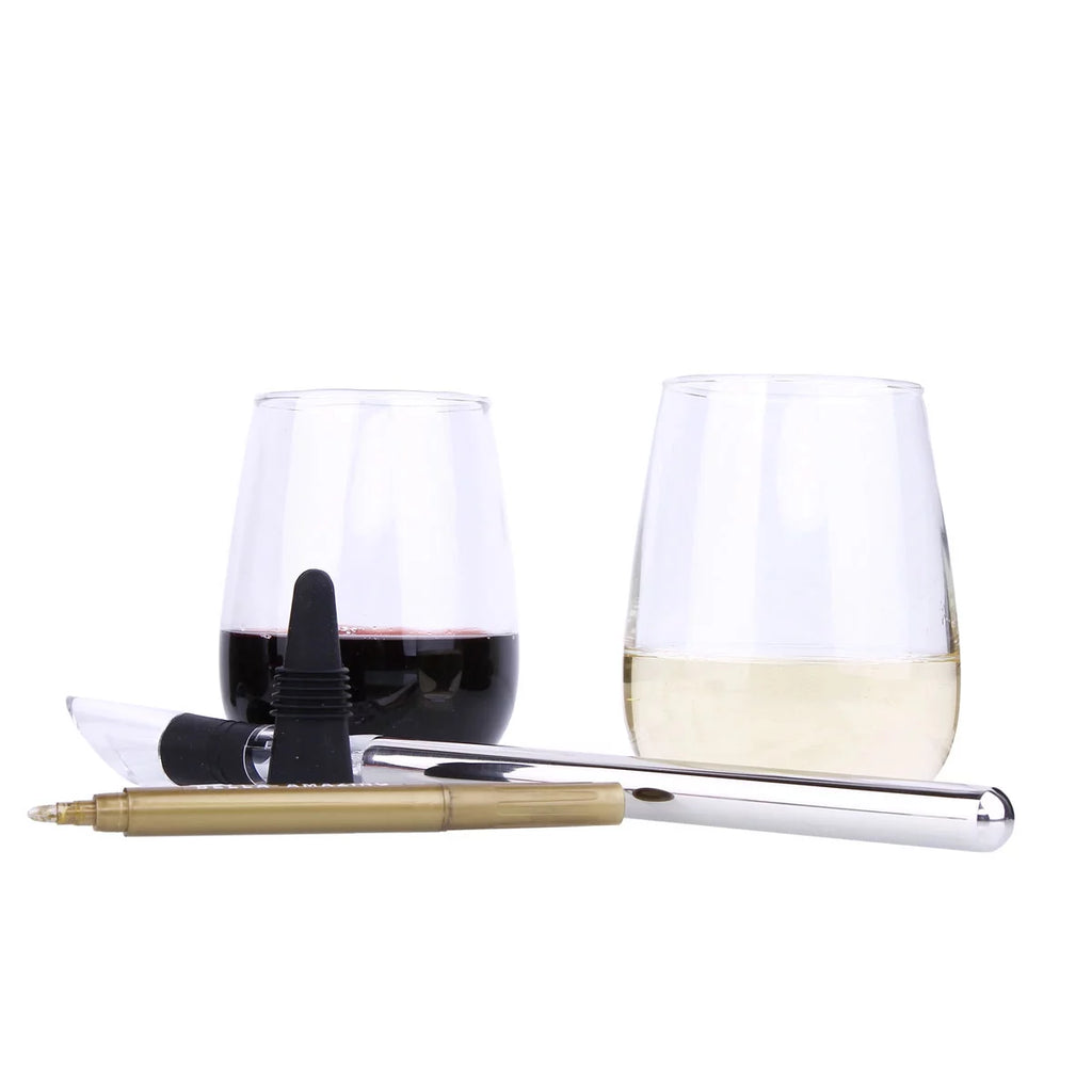 5 Pc Wine Accessories Set with 2 Glasses, Stainless Steel Chiller, Marker and Stopper N426