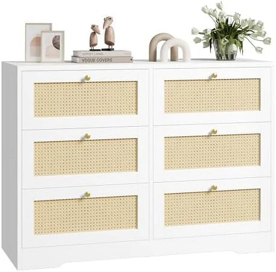 White 6 Drawer Rattan Dresser B821605