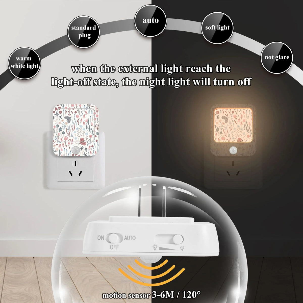 2 Pack LED Motion Sensor Night Light Plug into Wall R3769