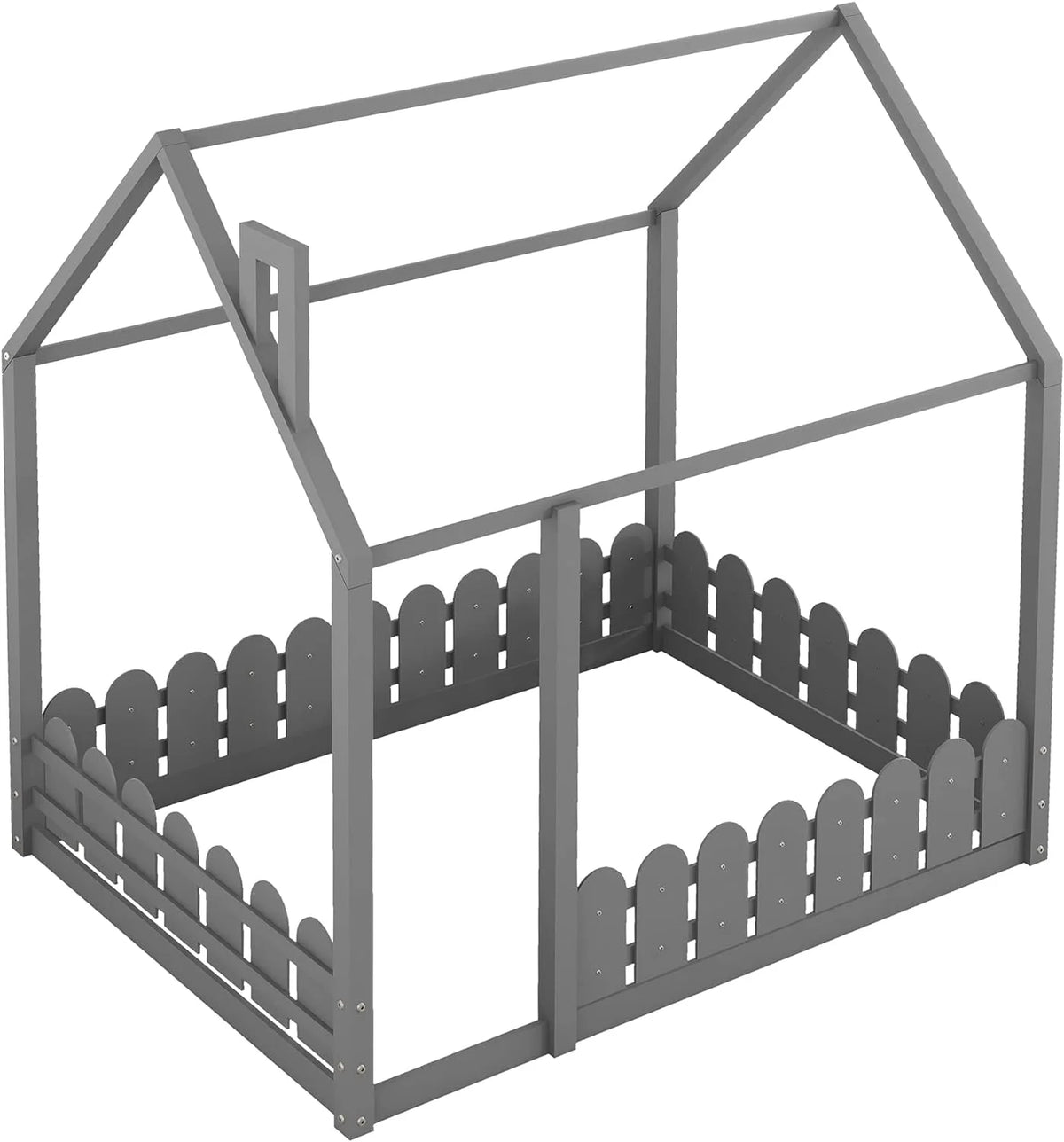 Full Size Grey Wood Bed Frame with Roof and Guardrails Q397177