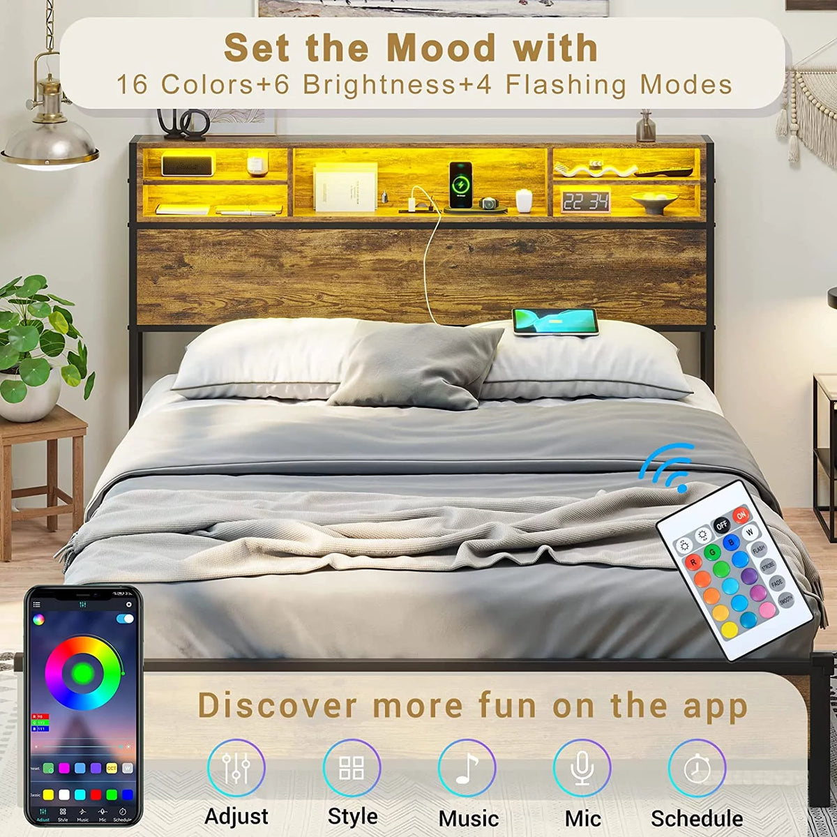 Queen RGB Led Light Metal Platform Bed with Storage Headboard C573130