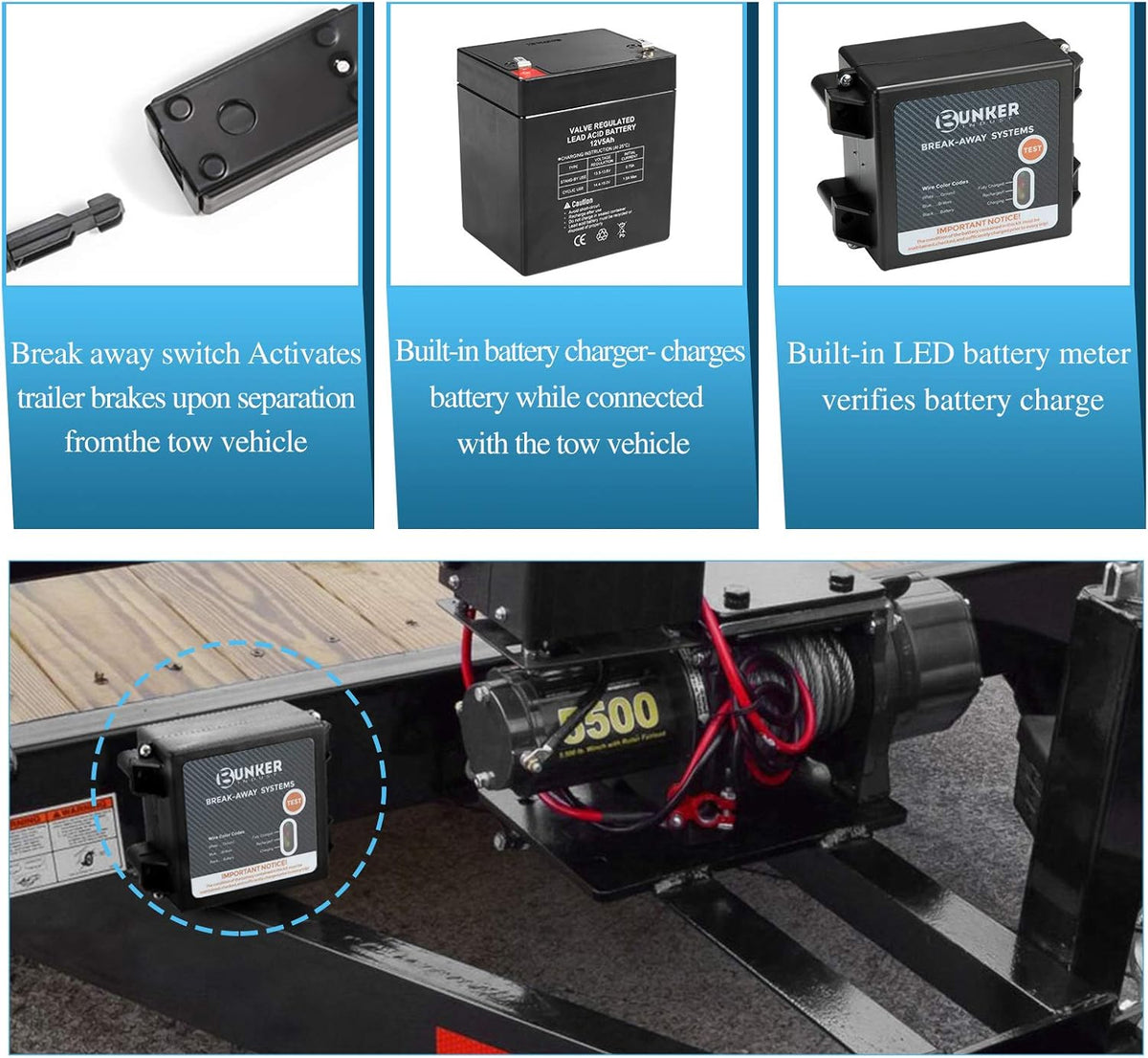 Trailer Brakes Breakaway Kit with Charger, LED Indicator, Switch, 12V 5AH Battery, Pack of 2 L39731