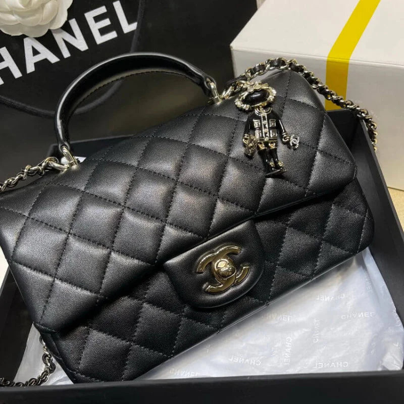 Black Lambskin Mini Flap Bag With Top Handle K371